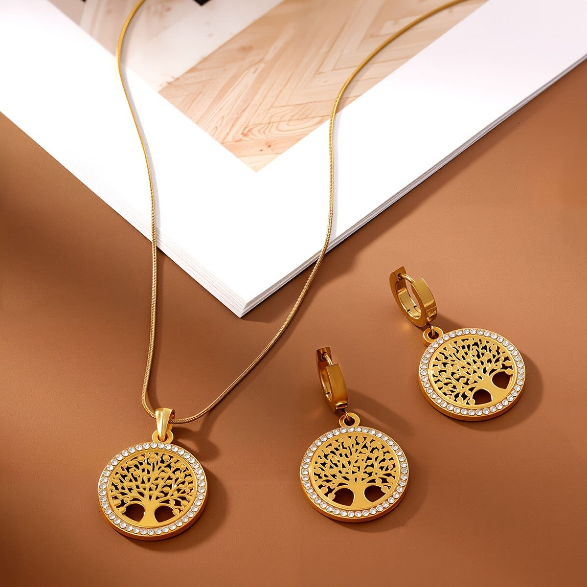 Round Crystal Tree of Life Necklace & Earring Set