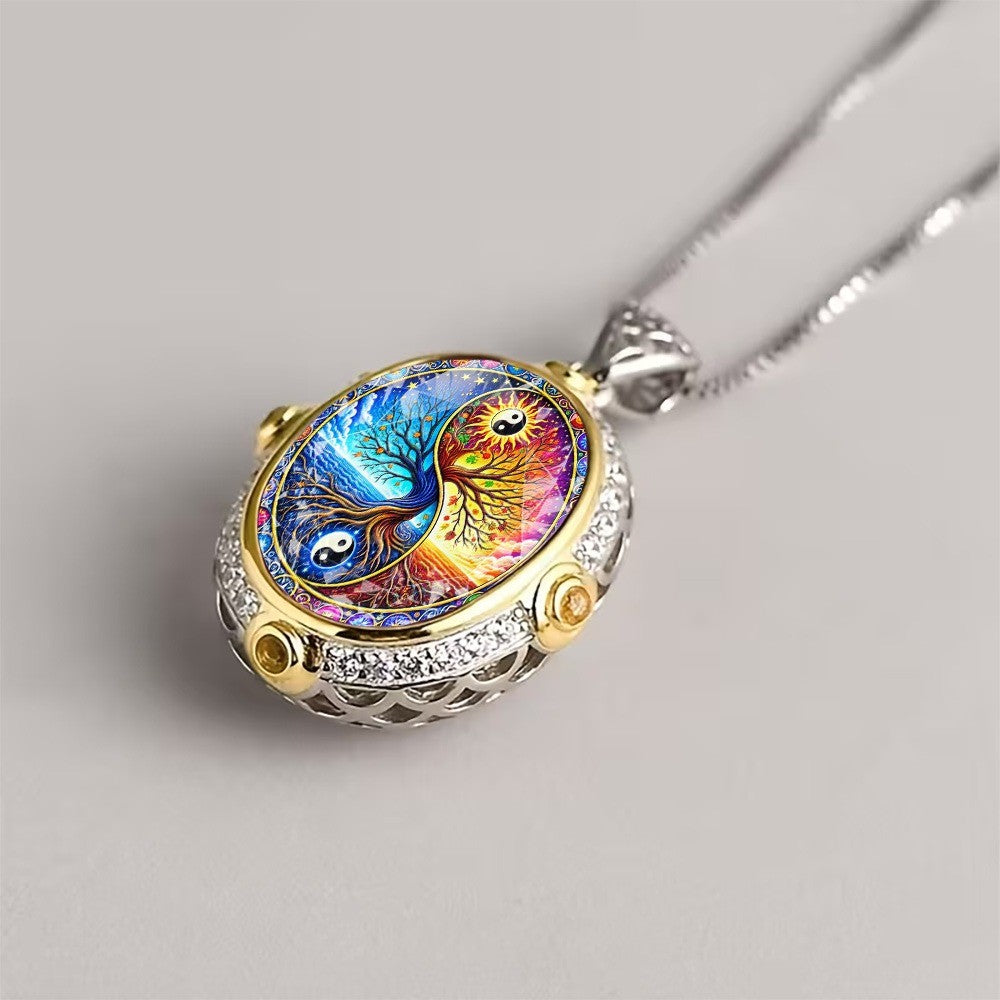 Colorful Yin Yang Tree Oval Pendant Necklace