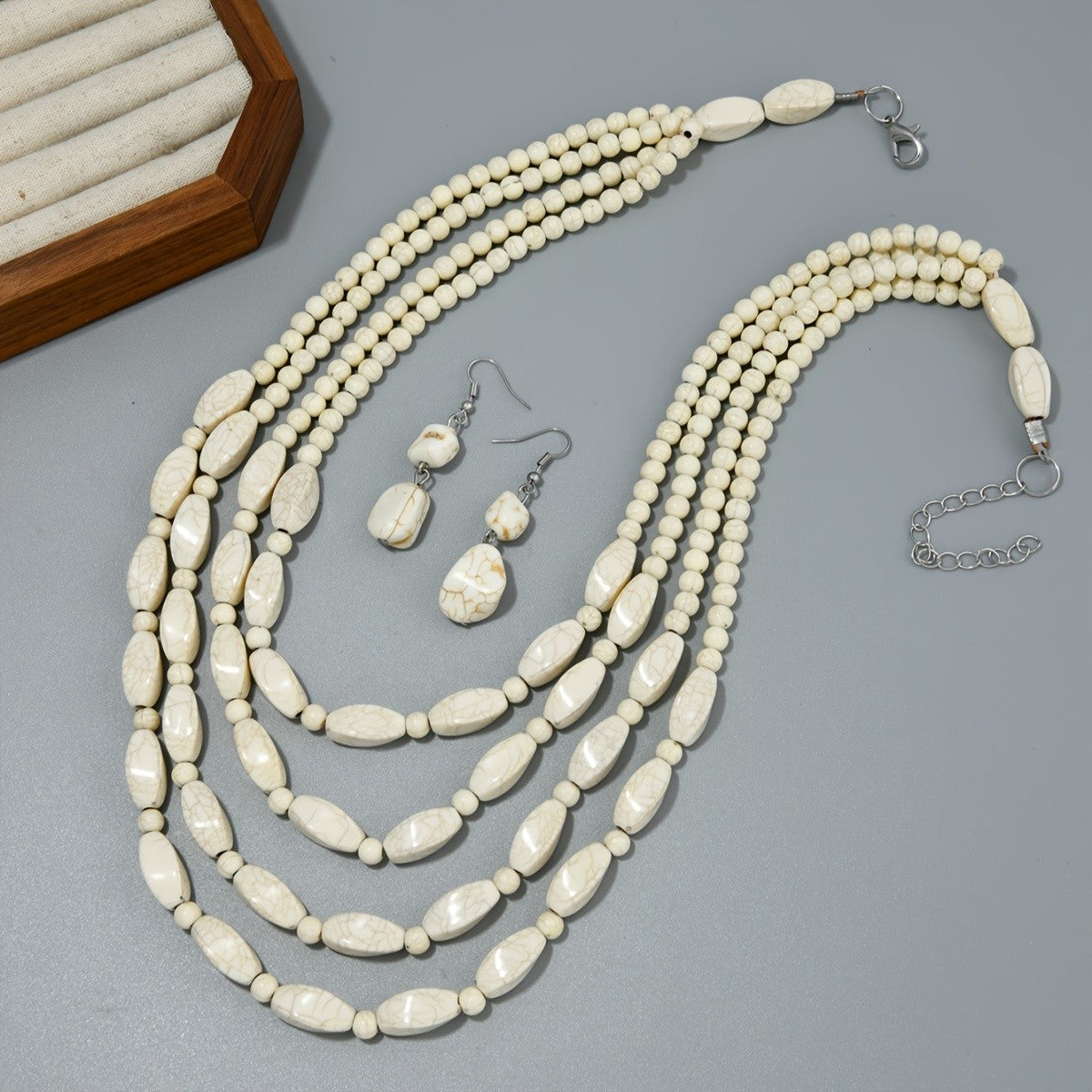 Layered Oval Bead Necklace & Earring Set