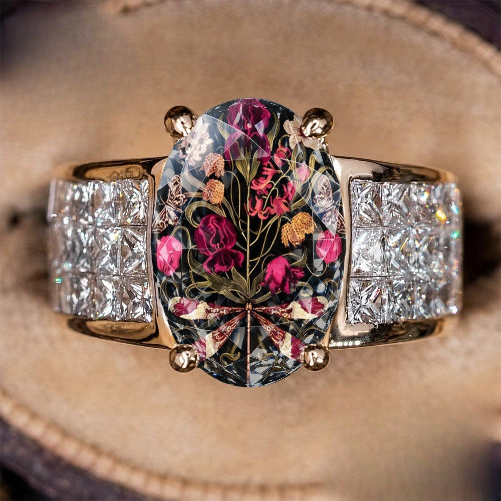 Dark Floral Dragonfly Oval Ring