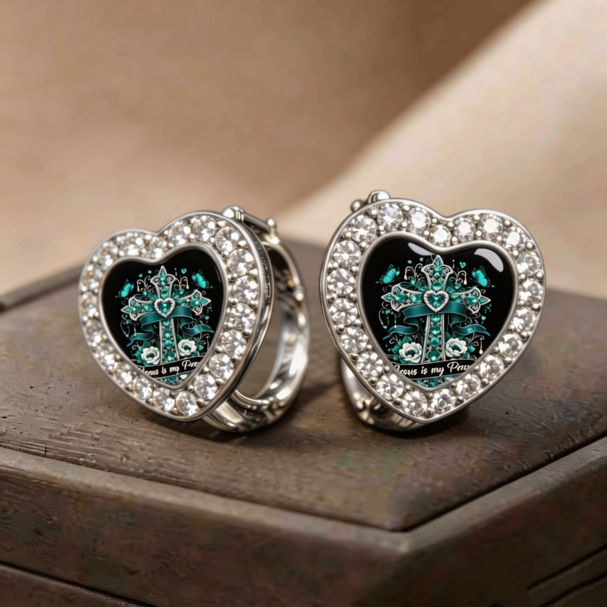 Teal Cross Heart Huggie Earrings