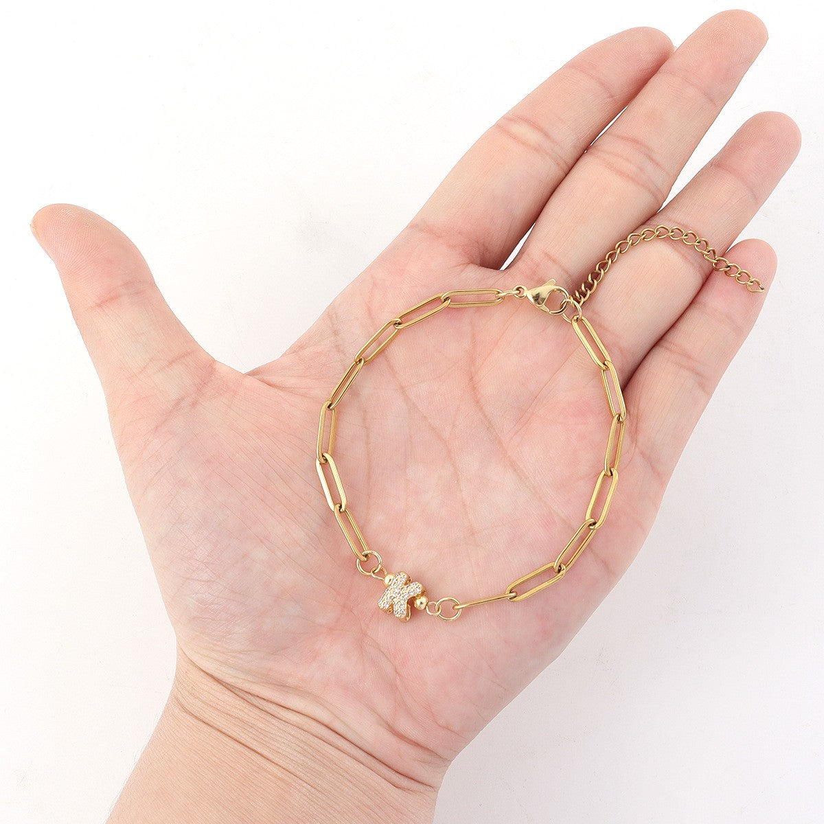 Gold Crystal Initial Paperclip Bracelet