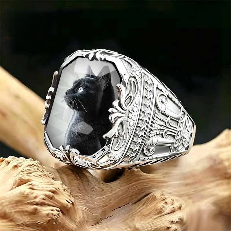 Ornate Black Cat Square Ring