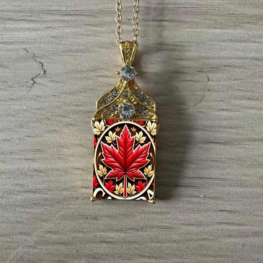 Red Maple Leaf Rectangle Pendant Necklace