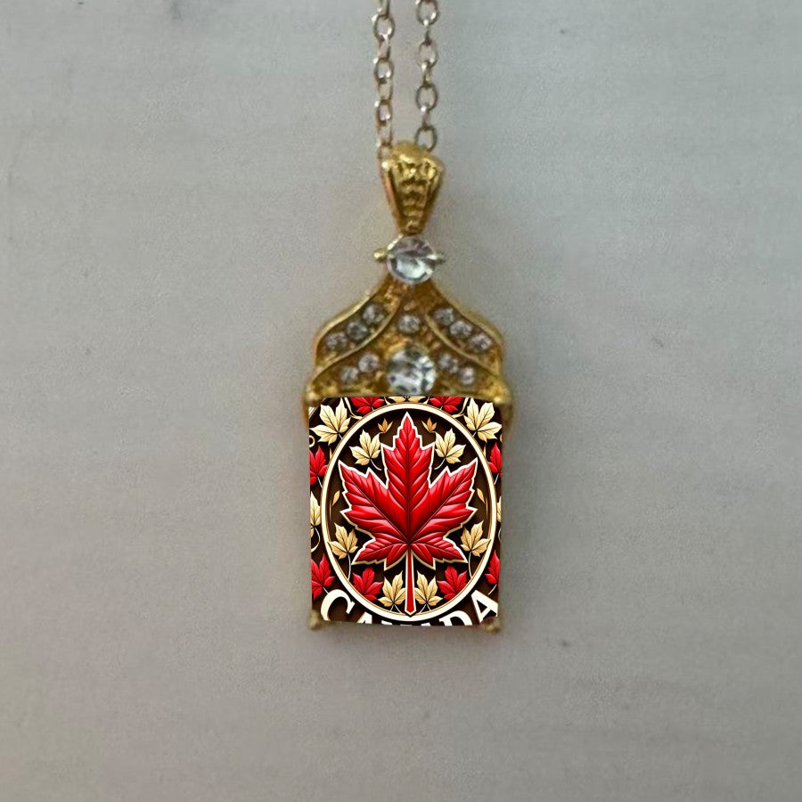 Red Maple Leaf Rectangle Pendant Necklace