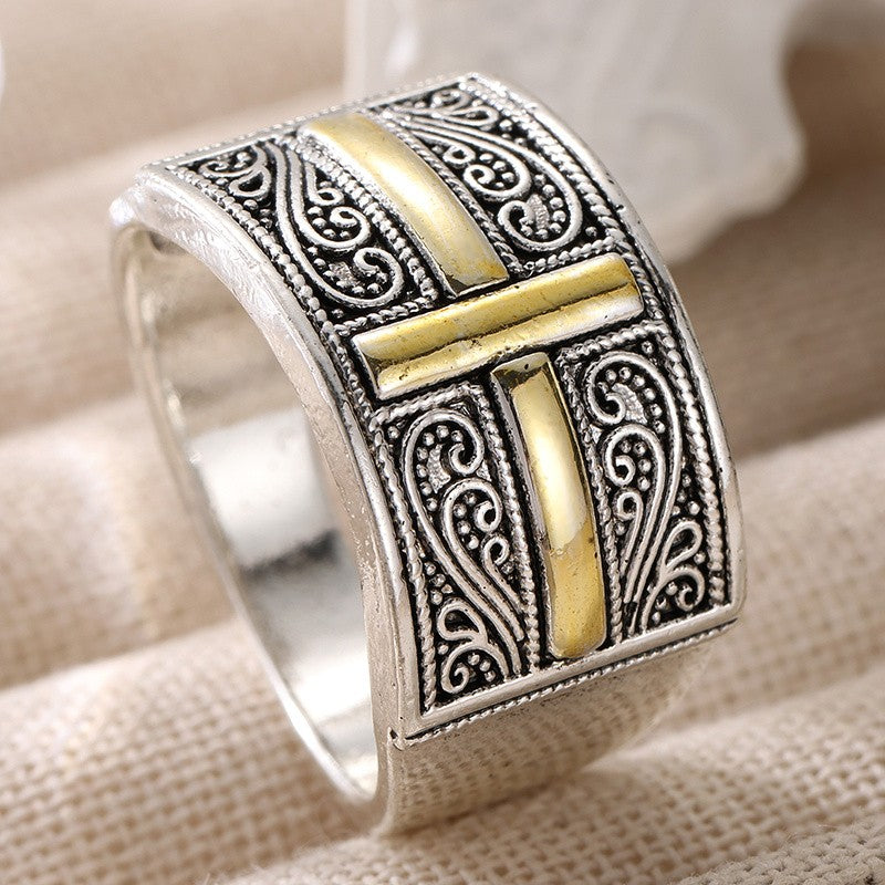 Gold-Tone Cross Scrollwork Wide Ring