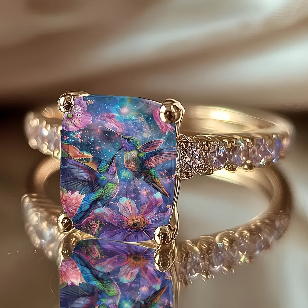 Starry Night Hummingbird Square Ring