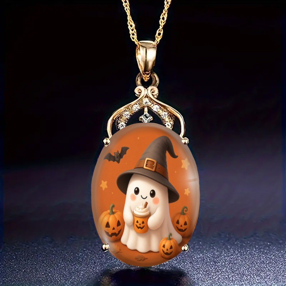 Cute Ghost Witch Oval Pendant Necklace