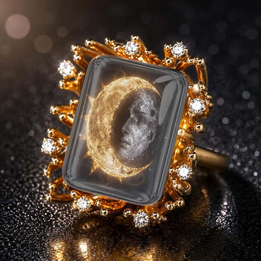 Crescent Moon Face Square Ring