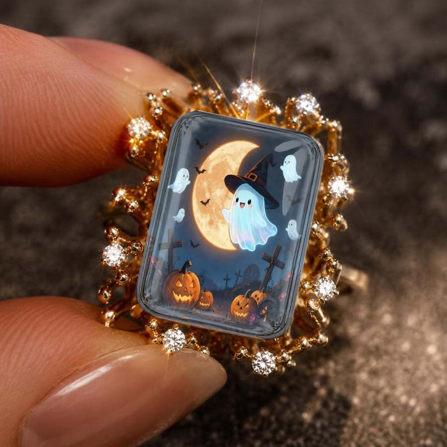 Halloween Ghost & Pumpkin Square Ring