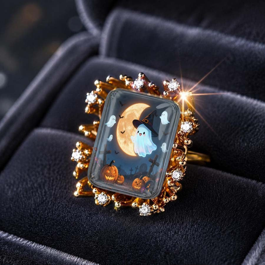 Halloween Ghost & Pumpkin Square Ring