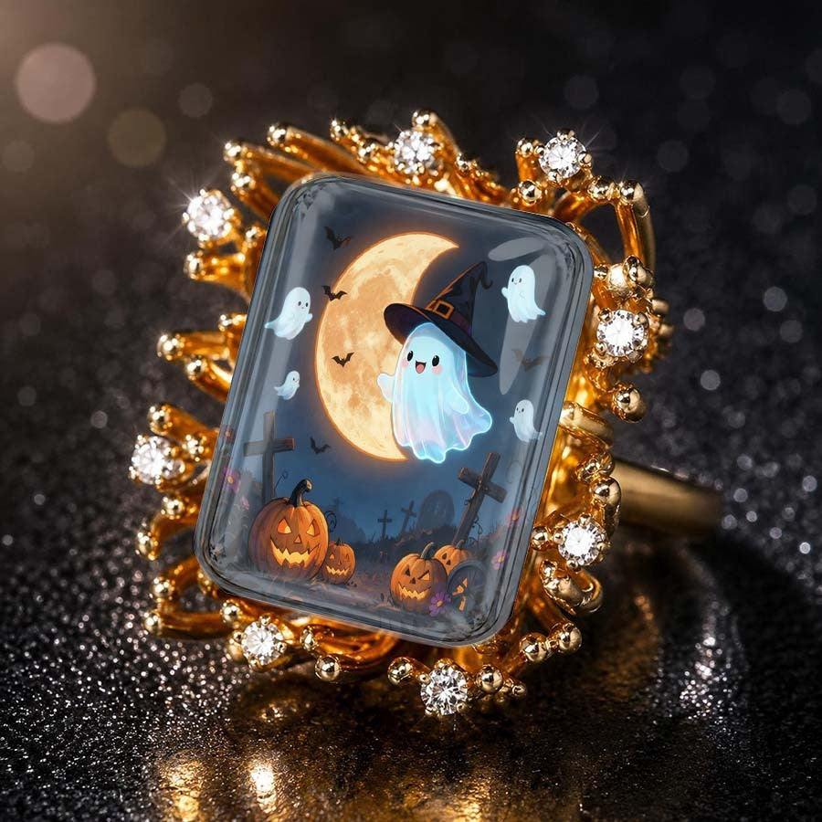 Halloween Ghost & Pumpkin Square Ring