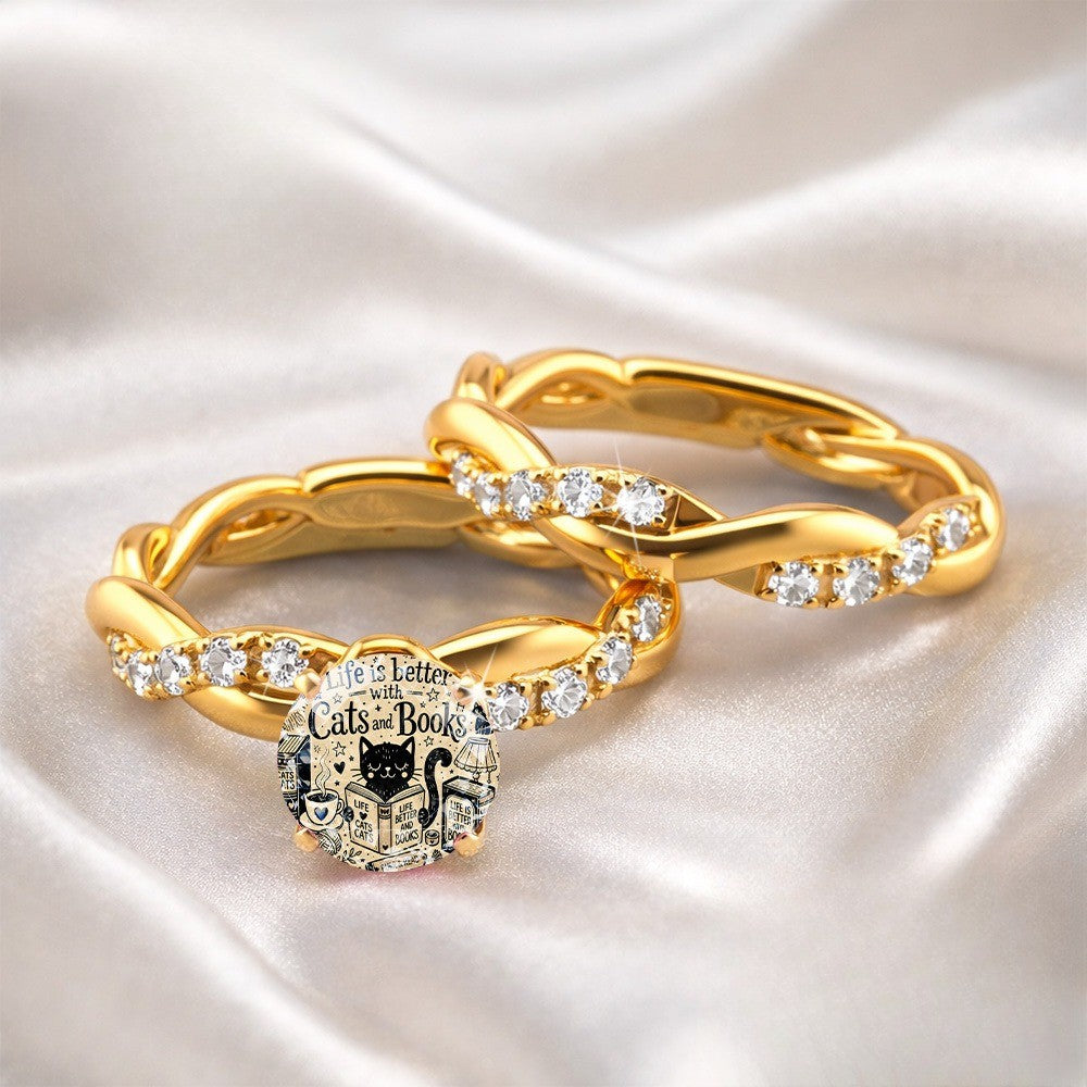 Twisted Crystal Cat & Books Ring