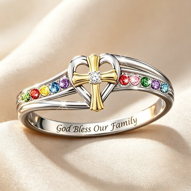 Rainbow Cross Heart Family Ring