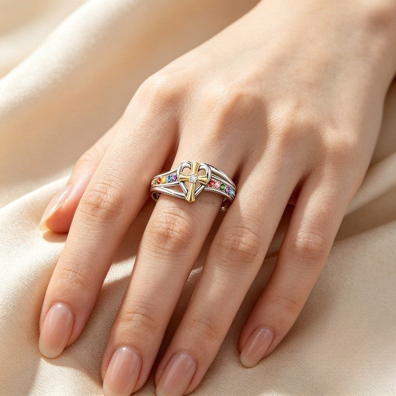 Rainbow Cross Heart Family Ring
