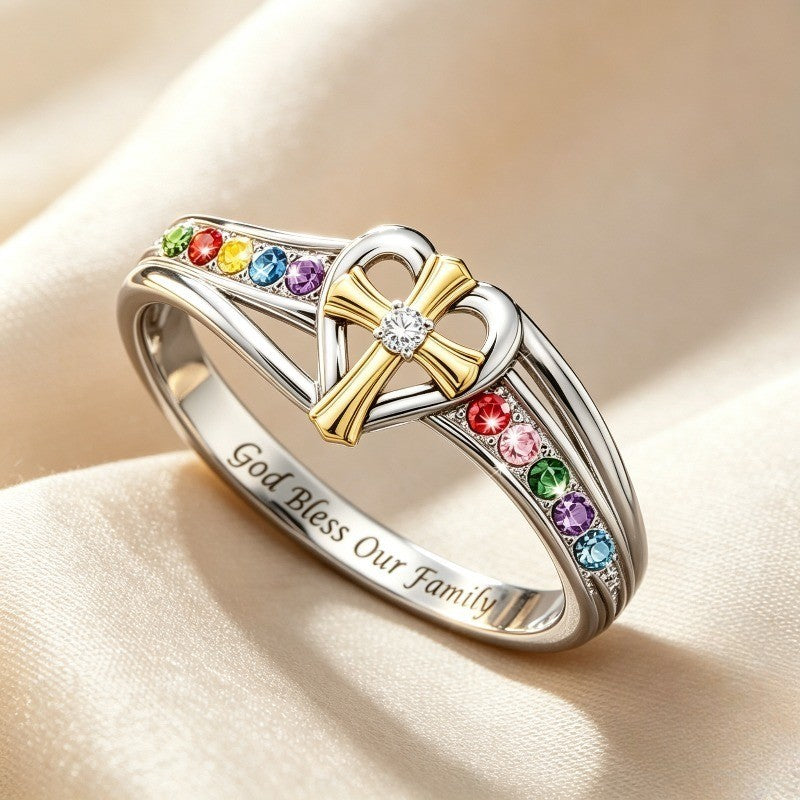 Rainbow Cross Heart Family Ring