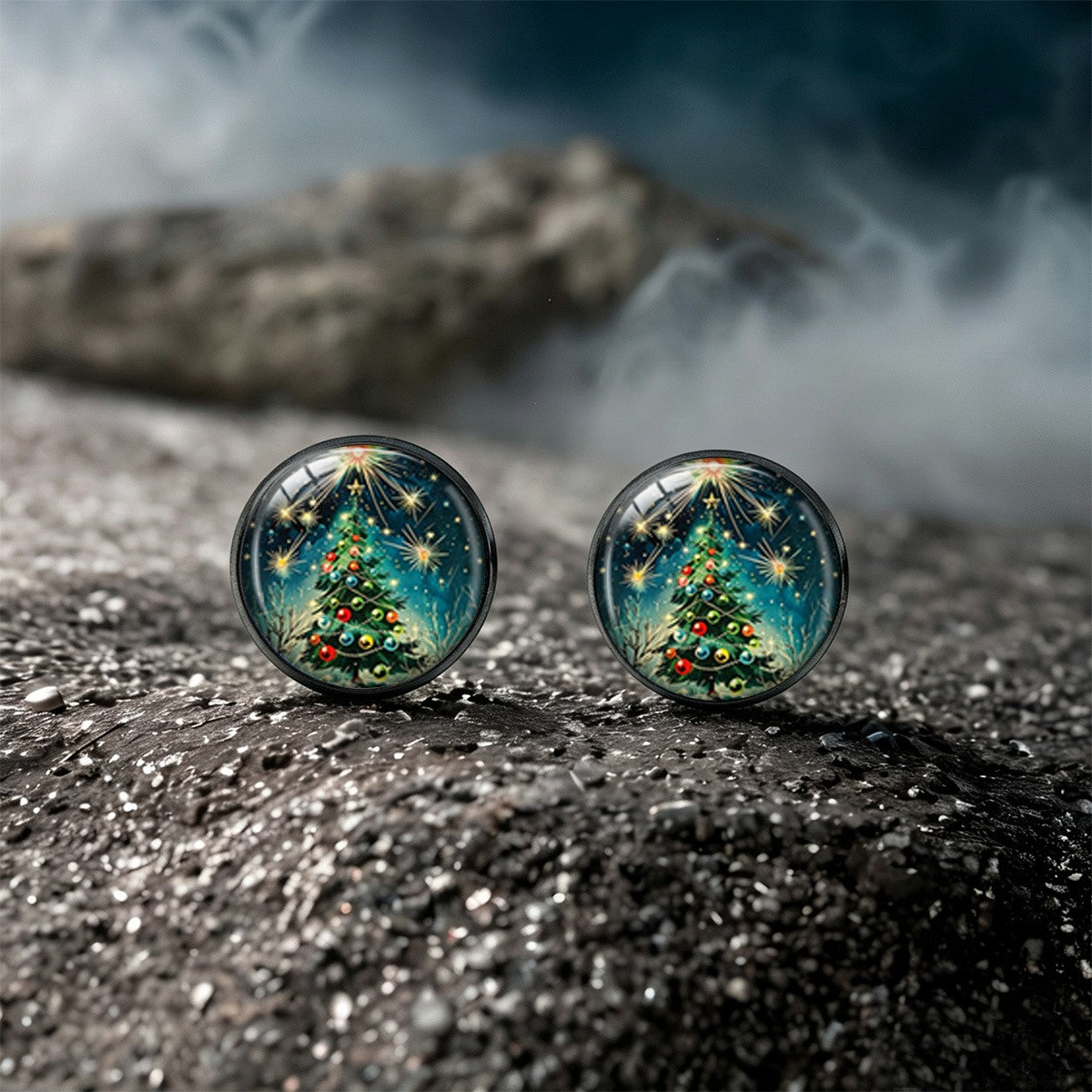 Christmas Tree Glass Dome Stud Earrings