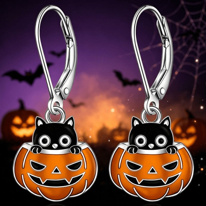 Enamel Cat Pumpkin Drop Earrings