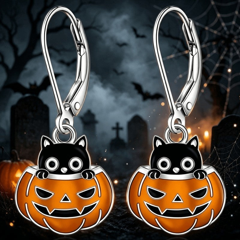 Enamel Cat Pumpkin Drop Earrings