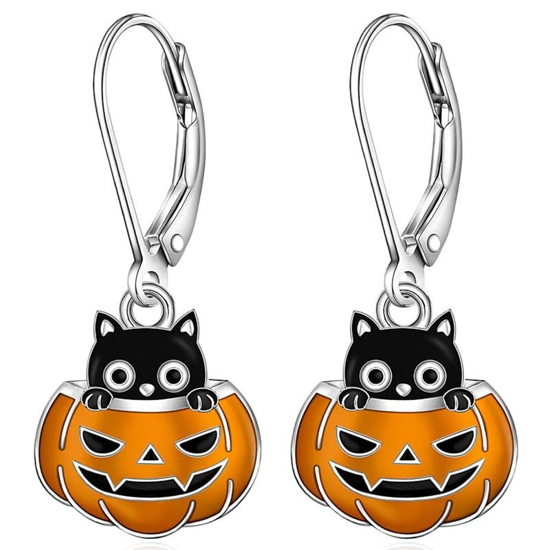 Enamel Cat Pumpkin Drop Earrings