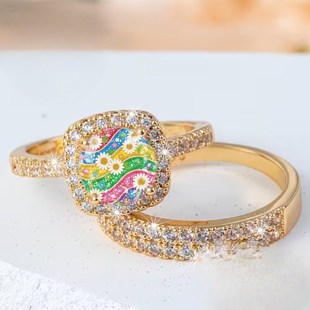 Colorful Floral Wave Square Ring Set