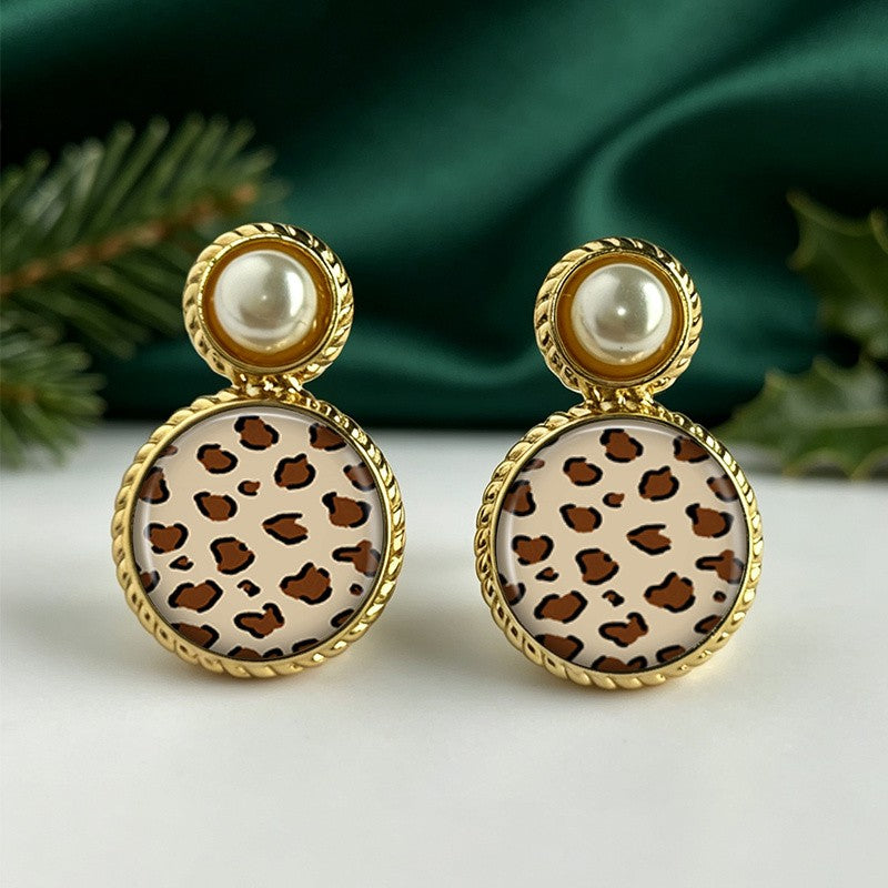 Leopard Print Pearl Stud Earrings