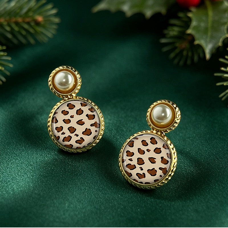 Leopard Print Pearl Stud Earrings