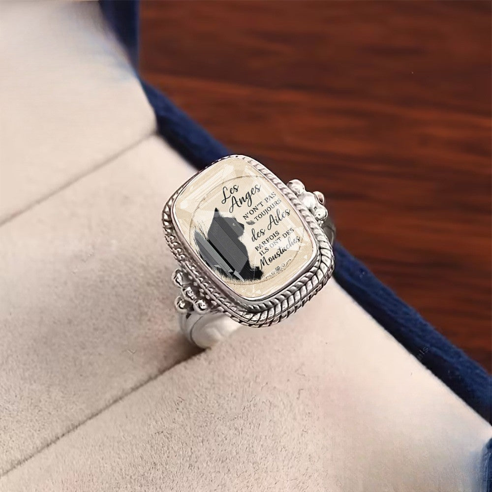 French Script Black Cat Square Ring