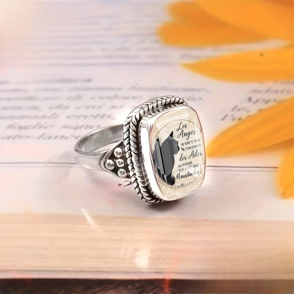 French Script Black Cat Square Ring