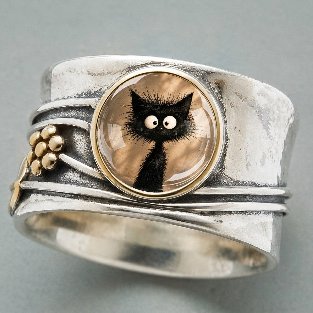 Whimsical Black Cat Dome Ring