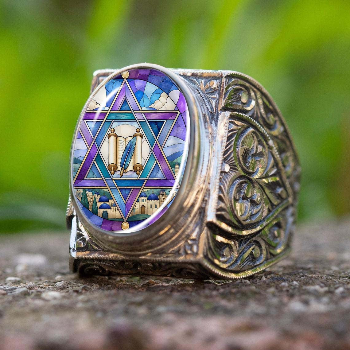 Stained Glass Star of David Ring