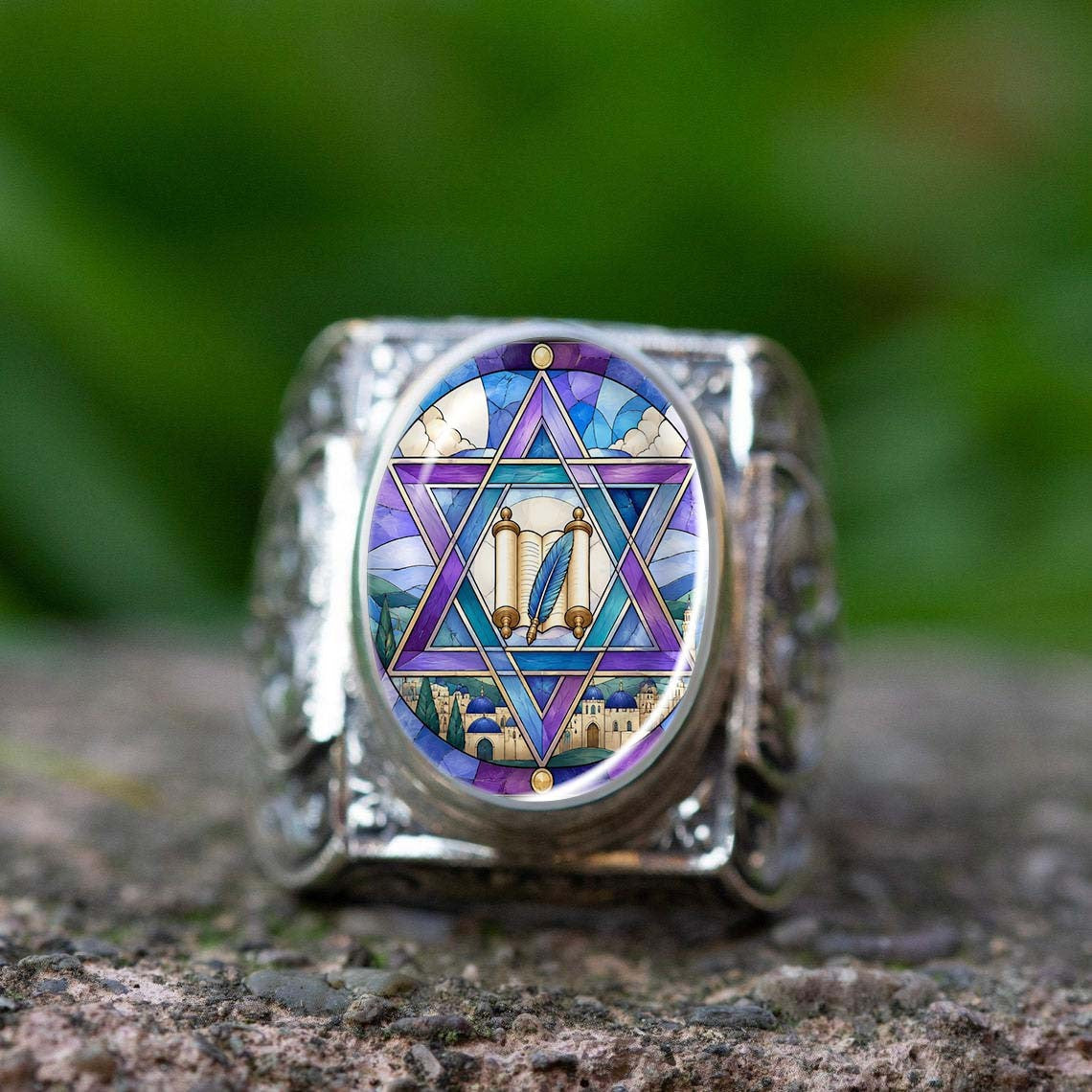 Stained Glass Star of David Ring