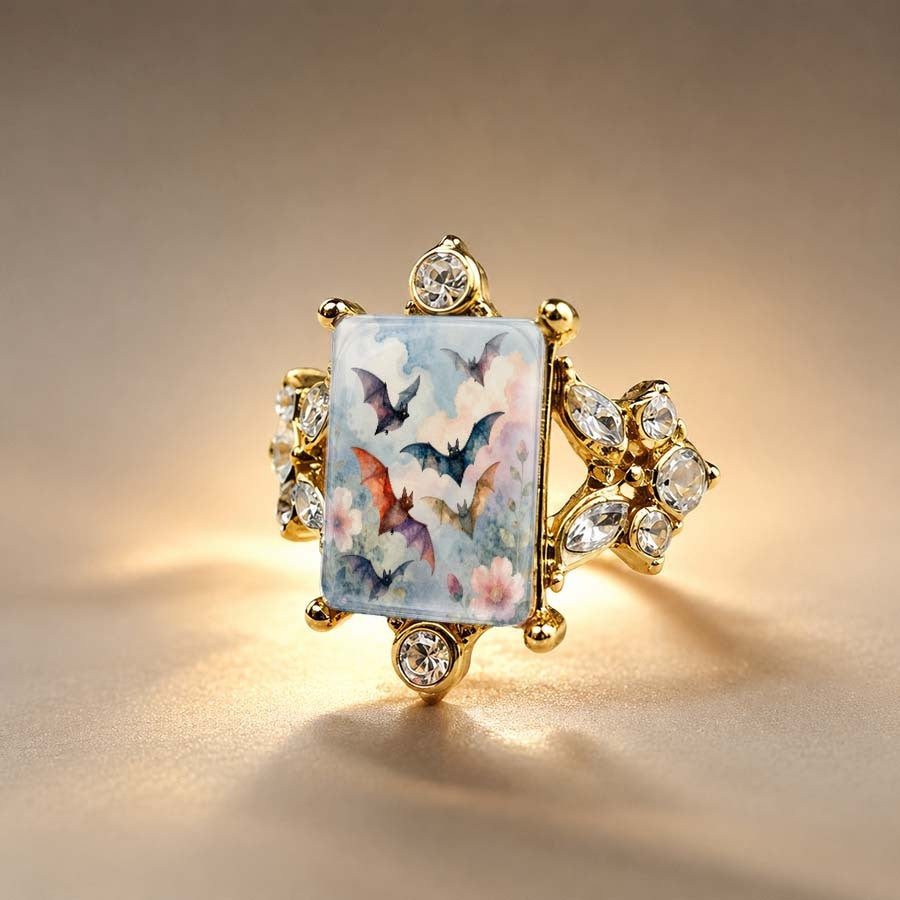 Bat & Floral Glass Ring
