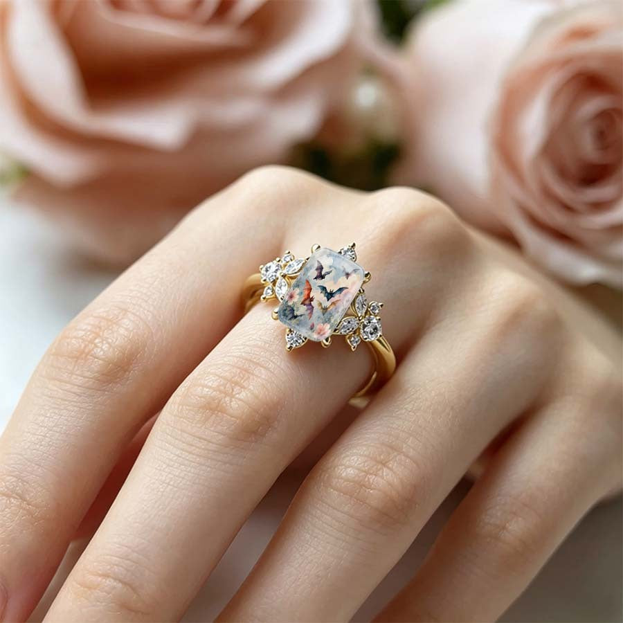 Bat & Floral Glass Ring