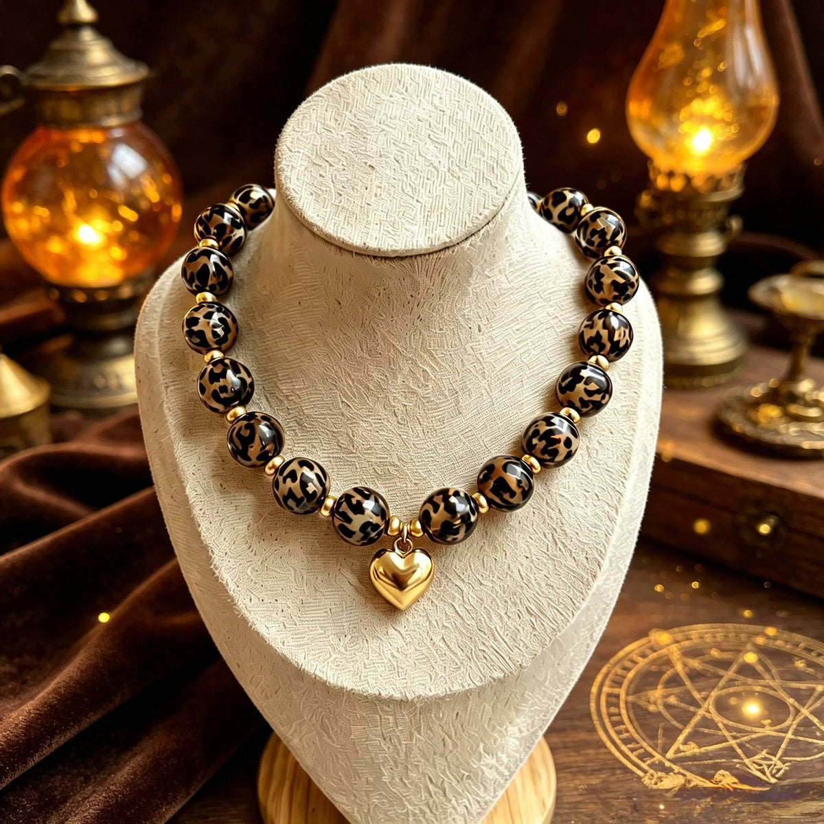 Leopard Bead Heart Necklace