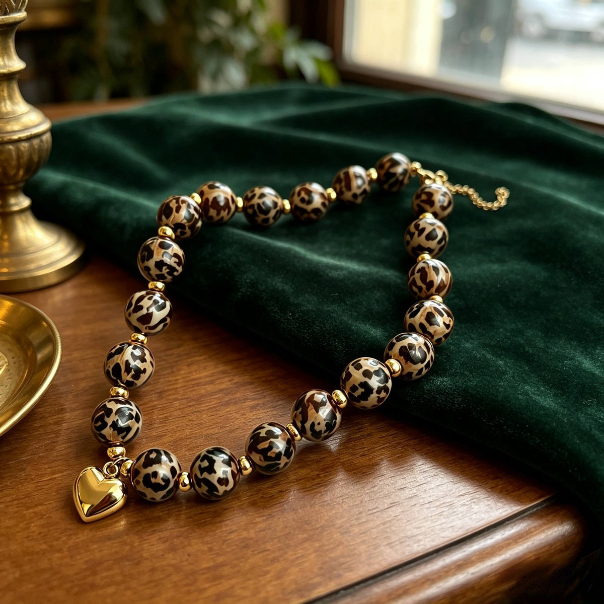 Leopard Bead Heart Necklace