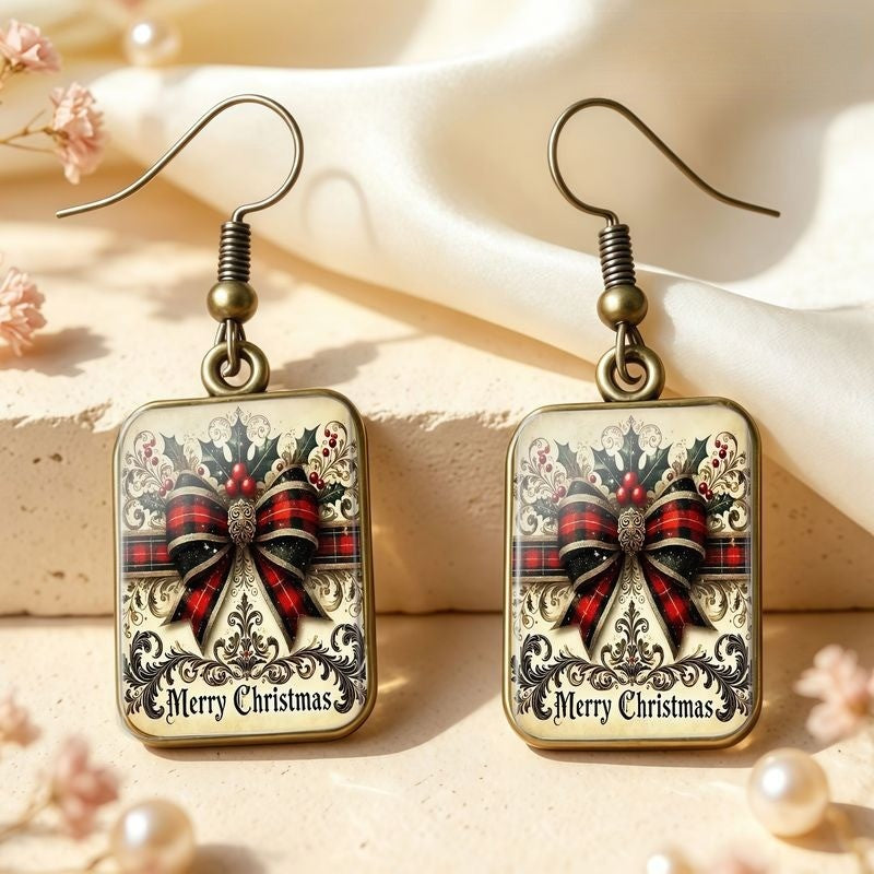 Vintage Plaid Bow Rectangular Earrings