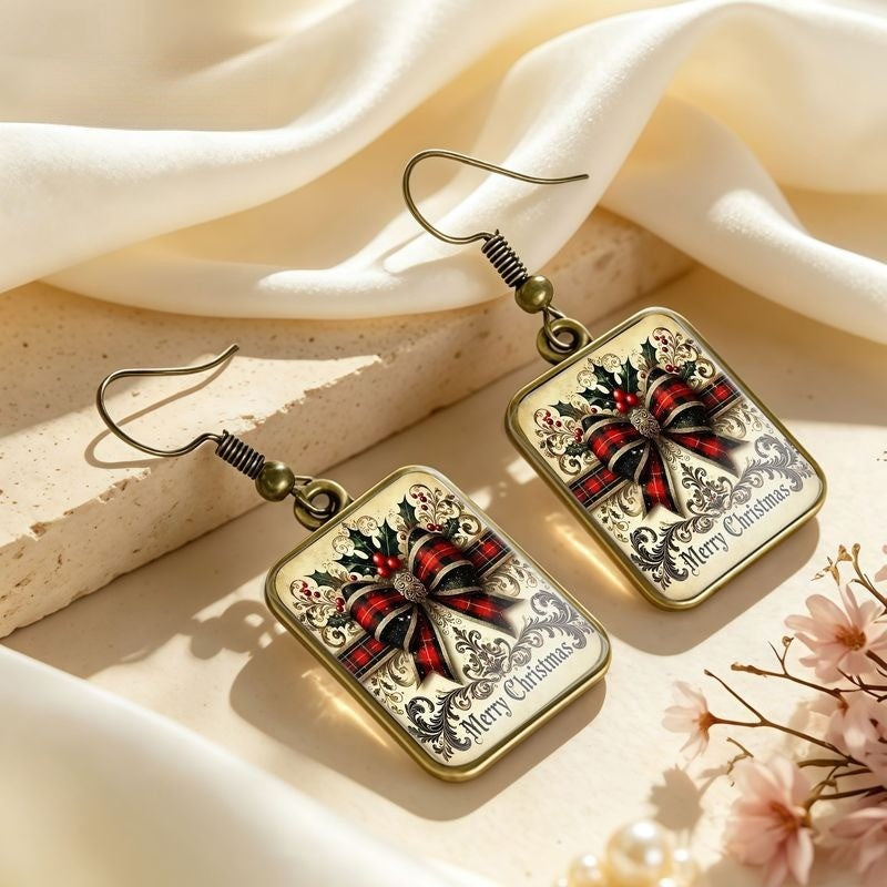 Vintage Plaid Bow Rectangular Earrings