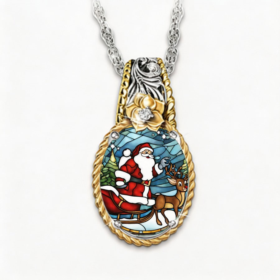Santa & Reindeer Oval Pendant Necklace