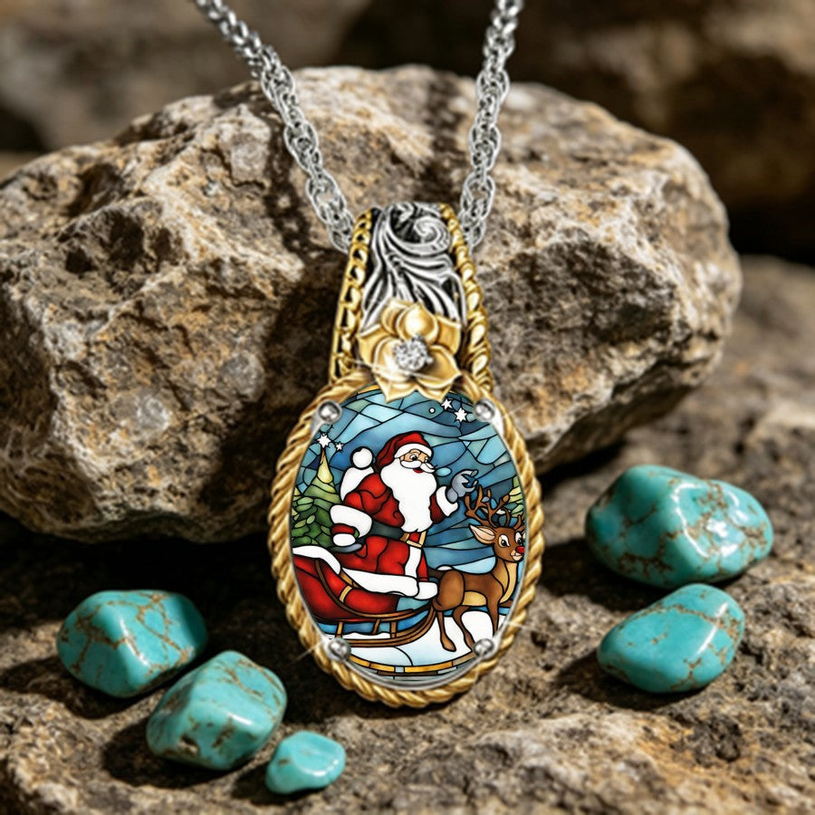 Santa & Reindeer Oval Pendant Necklace