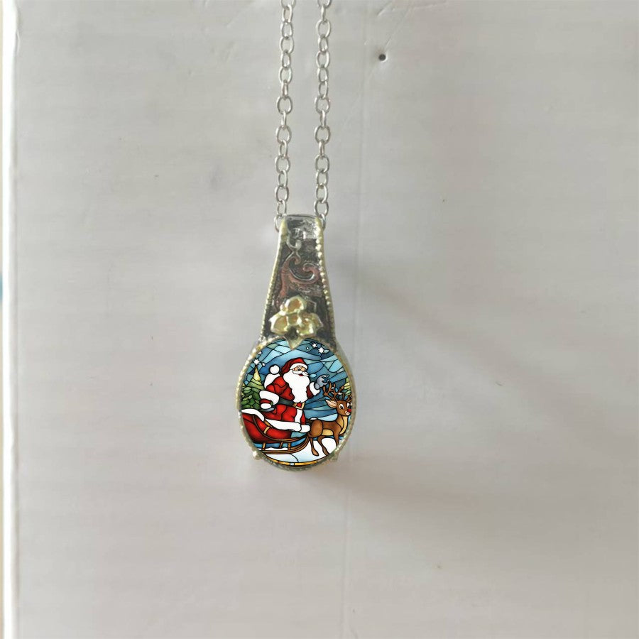 Santa & Reindeer Oval Pendant Necklace