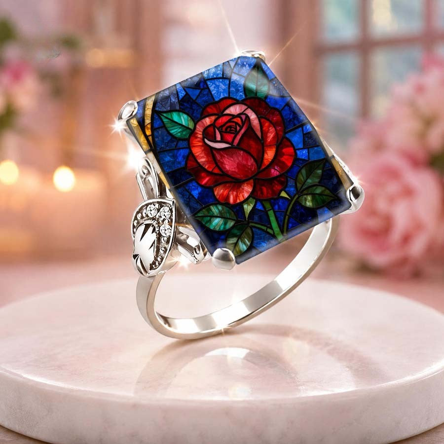 Stained Glass Rose Square Ring