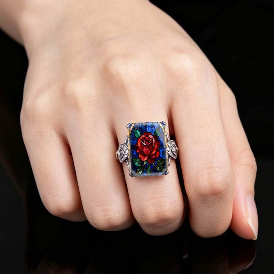 Stained Glass Rose Square Ring