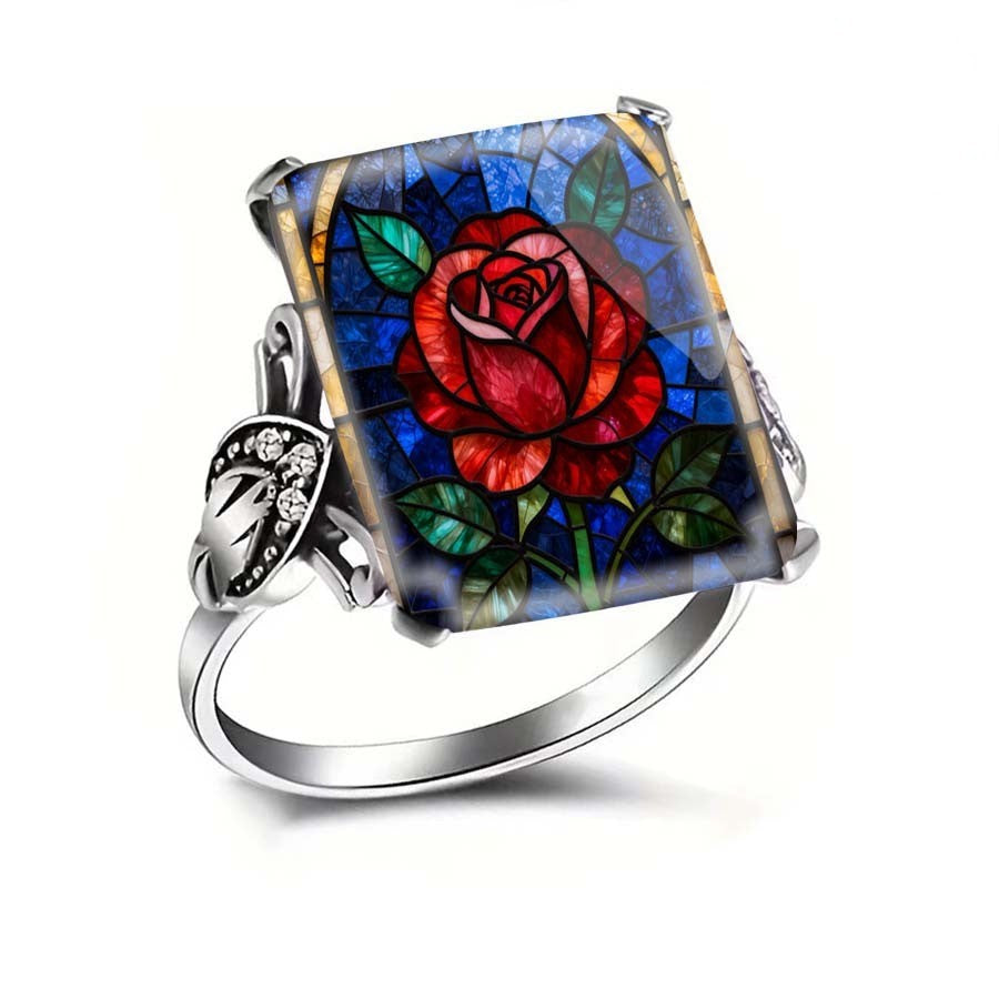 Stained Glass Rose Square Ring