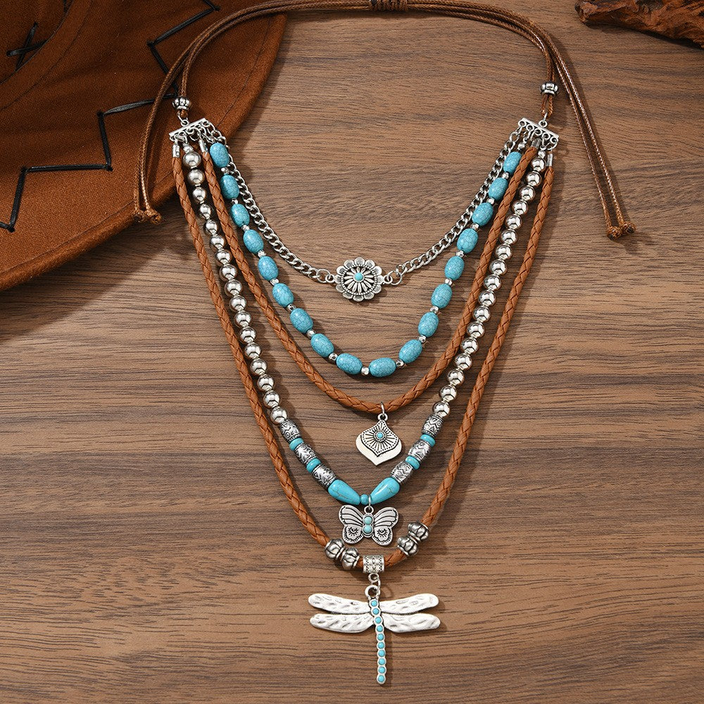 Turquoise Dragonfly & Butterfly Layered Necklace