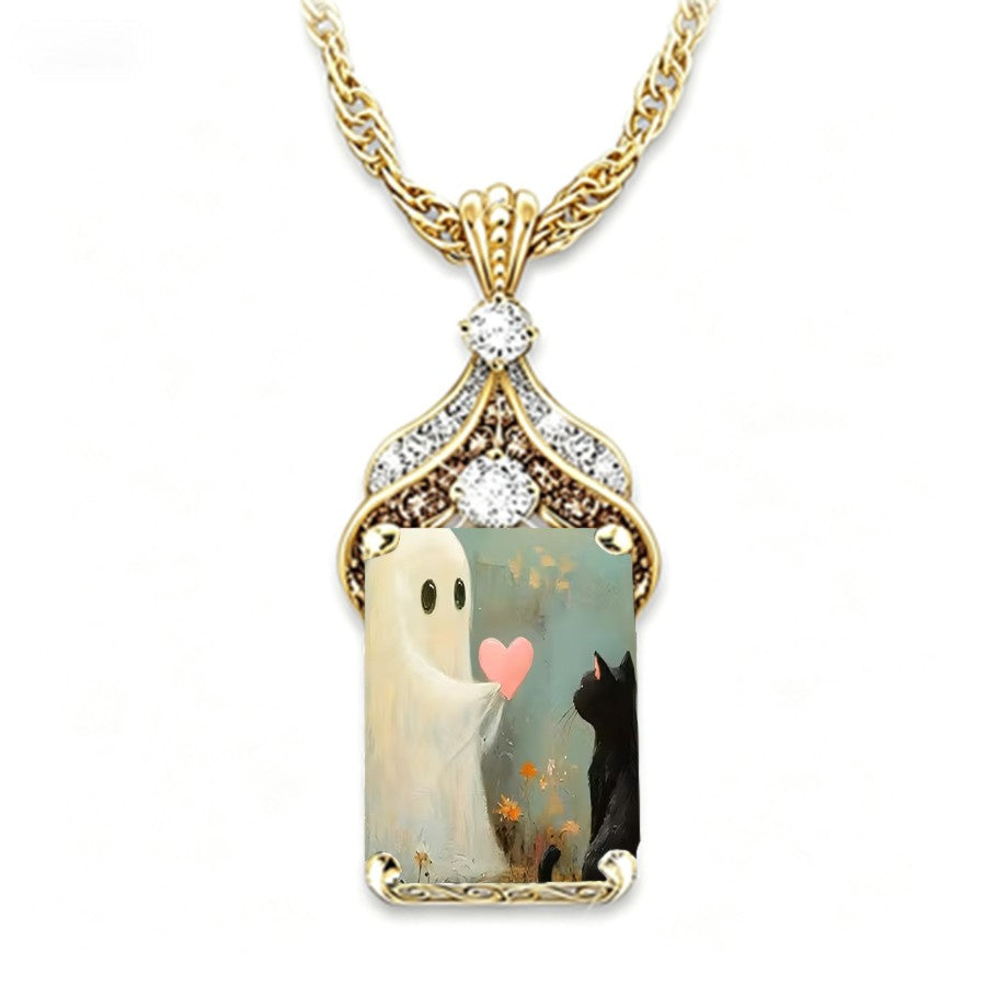 Ghost & Cat Square Pendant Necklace