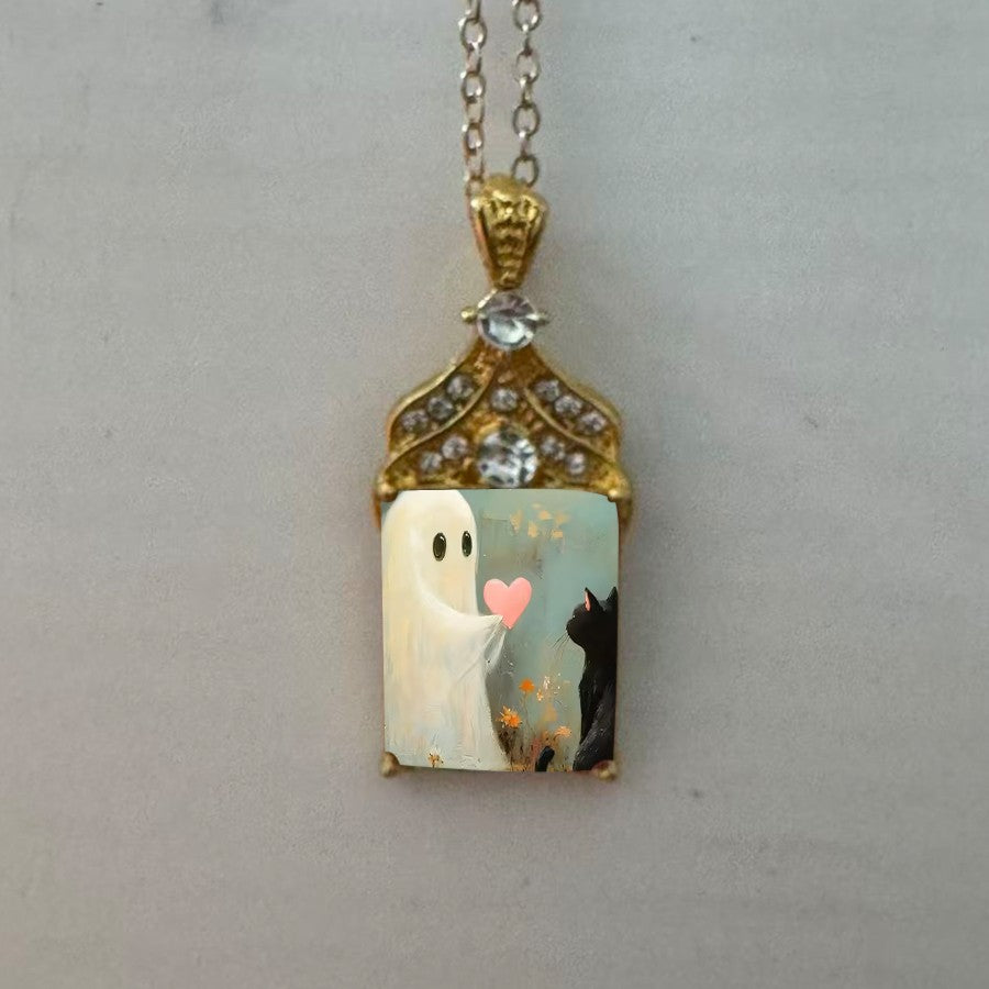 Ghost & Cat Square Pendant Necklace
