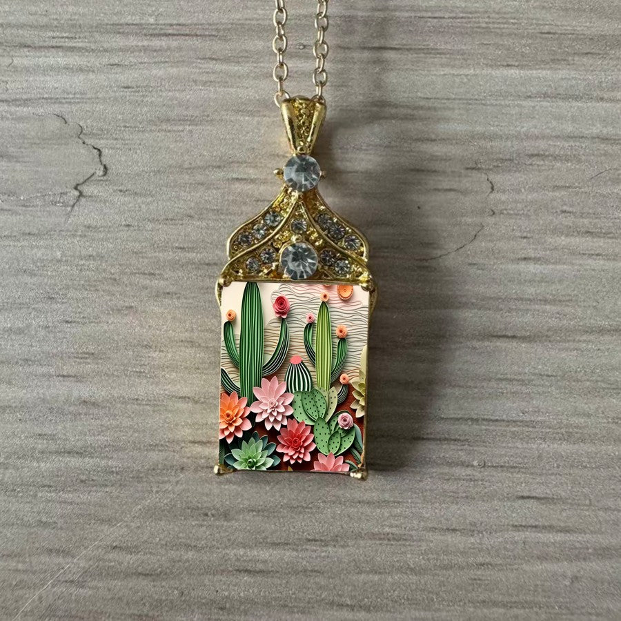 Quilled Succulent & Cactus Pendant Necklace