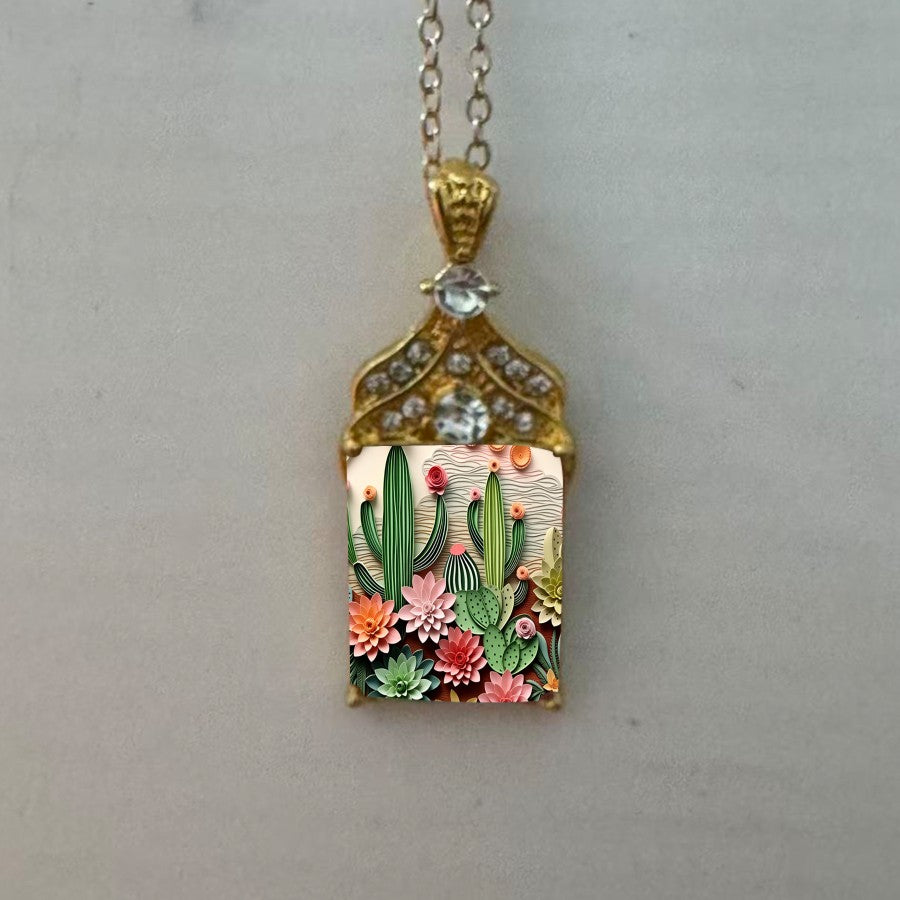 Quilled Succulent & Cactus Pendant Necklace