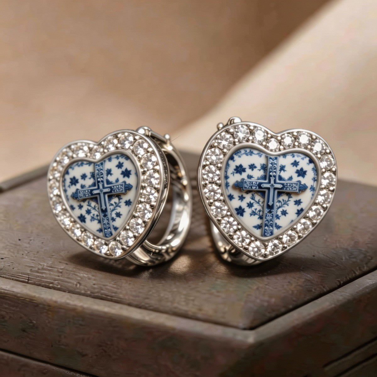 Blue Floral Cross Heart Hoop Earrings